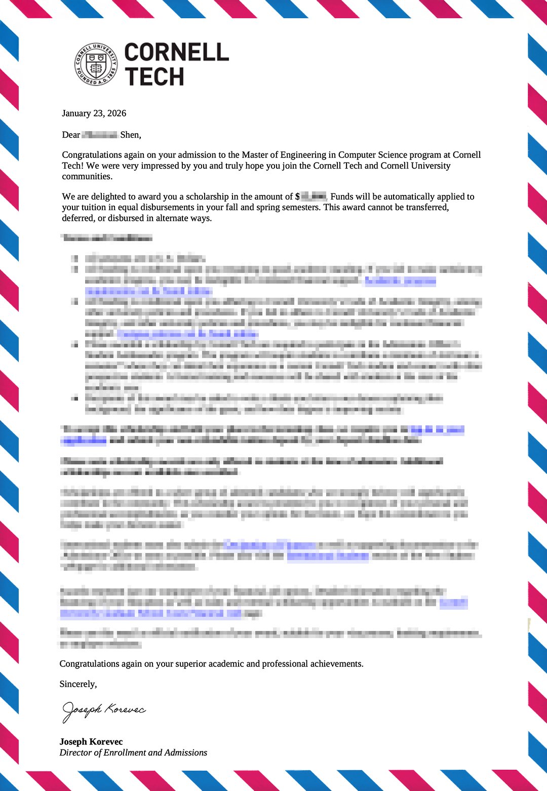 康奈尔大学录取通知书